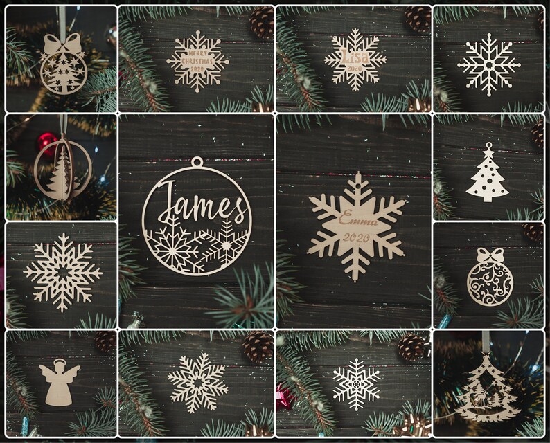 May include: Assortment of laser cut wooden Christmas ornaments in various shapes and designs, including snowflakes, trees, a bell, and a star. Some ornaments feature personalized names and dates, such as "James" and "Emma 2020".