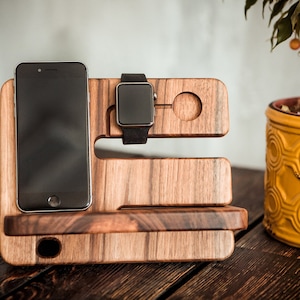 Wooden docking station men,Charging station,Phone stand wood personalized,5th anniversary gift for men image 1