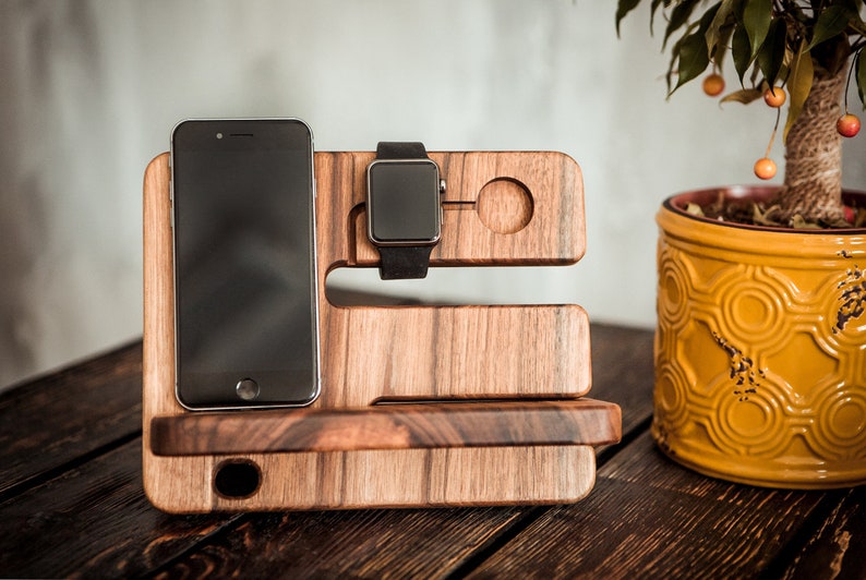 Wooden docking station men,Charging station,Phone stand wood personalized,5th anniversary gift for men image 1