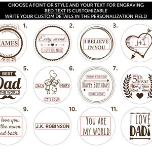 May include: Twelve different designs for personalized engraved wooden circles. The designs include text like "Best Dad in the World", "I Love You More", "I Believe In You", and "I Love You to the Moon and Back".