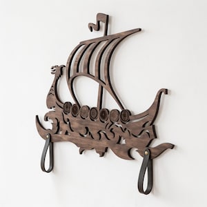 Viking Axe Holder Wall Mount – Plywood Longship Axe Display Rack with Leather Straps, Norse Decor, Viking Gift for Men