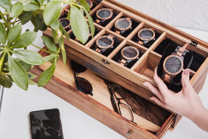 Caja de reloj para hombre grabada, caja de madera personalizada con cajón, caja de reloj de madera para hombre, caja de reloj de madera personalizada, caja de reloj de madera imagen 9