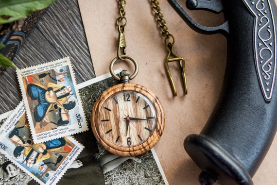 Engraved wooden top pocket watch