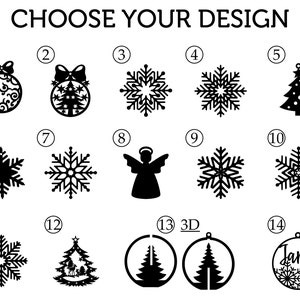 May include: A selection of 14 Christmas ornament designs, including snowflakes, angels, Christmas trees, and ornaments with intricate designs. The designs are numbered 1 through 14.