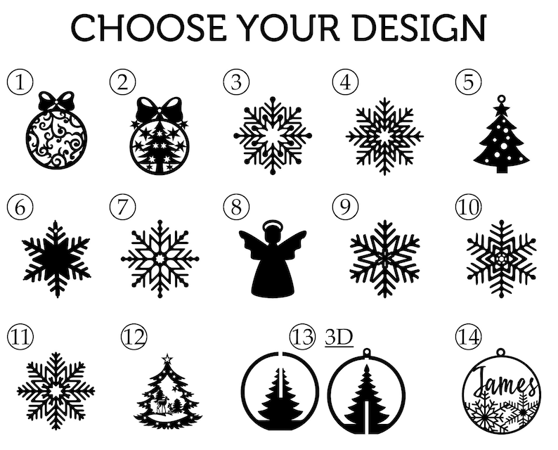 May include: A selection of 14 Christmas ornament designs, including snowflakes, angels, Christmas trees, and ornaments with intricate designs. The designs are numbered 1 through 14.