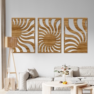 Sun wall art set of 3,Sun wood wall art,Mid century modern wall art large,Mid century wooden wall art,Sunrise wood wall art,3 panel wall art
