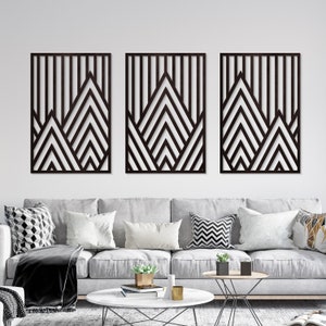 Sztuka ścienna z motywem górskim, zestaw 3 geometrycznych paneli, geometryczne dzieło sztuki z drewna, efekt paneli drewnianych z motywem górskim, drewniane panele ścienne, dekoracja salonu