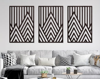 Mountain wood wall art, Geometric panels set of 3,Geometric wooden artwork,Wood panel effect mountain,Wood wall panels,Decor for living room
