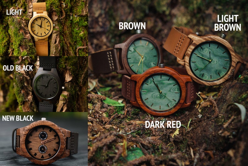 May include: A collection of wooden wristwatches with different colored bands and faces. The watches are arranged on a bed of leaves and twigs. The colors of the watches include light brown, brown, dark red, old black, and new black.
