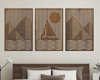 Wood sailboat wall art, Geometric mountain wall art, Wave wood wall art, Ocean wood art, Wood beach wall art, Coastal wood wall art