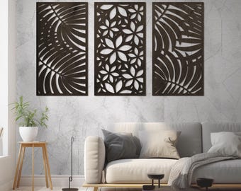 Wooden leaves wall art, Monstera leaf wall art, Plant themed art, Wood flower wall art, Wooden triptych, Tropical leaf wood wall art