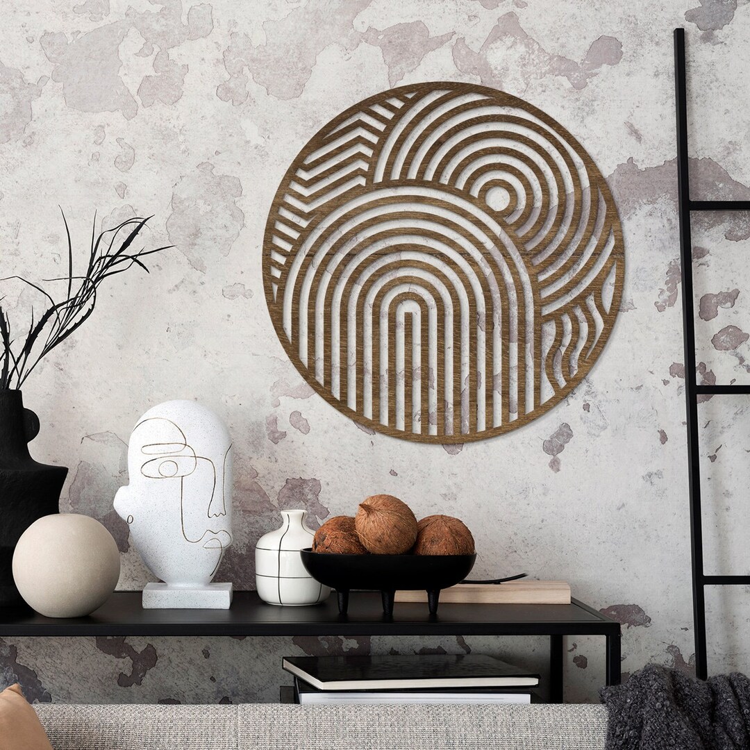 Boho Wooden Wall Art, Round Wood Wall Decor, Geometric Wood Wall Art Modern, Large Abstract Wall