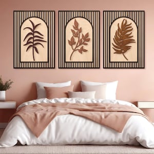 Plant wall art wood, Leaves wall hanging, Leaves wall decoration, Banana leaf wall art, Botanical set of 3, Wood wall panels decor