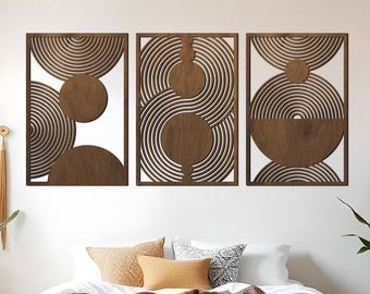 Boho circle wall decor set of 3, Wood geometric wall art, Abstract wood wall art, Mid century modern wood wall art, Minimalist wood wall art