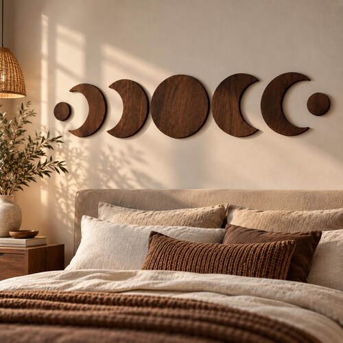 Cuadro de pared de madera contrachapada con fases lunares, decoración de pared celestial oscura