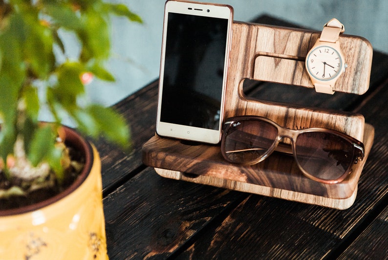 Wooden docking station men,Charging station,Phone stand wood personalized,5th anniversary gift for men image 3