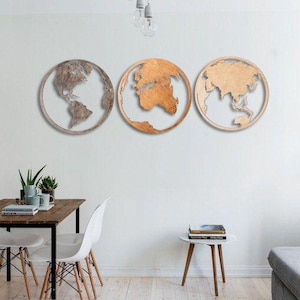 Set mit 3 Karten, Weltkarte aus Holz, Weltkarte aus Holz, runde Weltkarte Wandkunst, Holzkarte