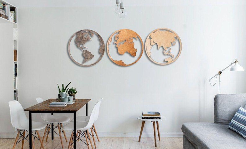 Set of 3 maps, Wooden World Map, Wood World Map, Round Wold Map Wall Art, Wood map image 1