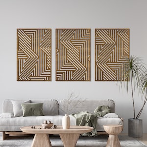 Geometrische Holz Wand Kunst Panel, Geometrische Wand Kunst 3er-Set, Geometrische Holz Wanddekoration, Rustikale Wanddekoration für eine große Wand, Über dem Bett Dekor