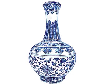 Hand Drawn and Painted Blue and White Chinoiserie Vase-Digital File