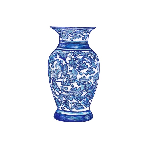 Hand Drawn and Painted Blue and White Chinoiserie Ceramic Vase-Classic Shape-Digital File