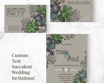 Succulent Wedding Invitation Suite with Custom Text-Digital File