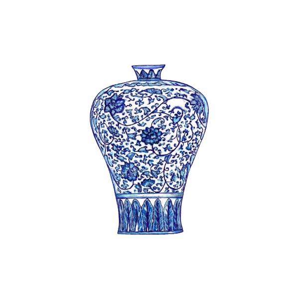 Hand Drawn and Painted Blue and White Chinoiserie Large Vase-Digital File