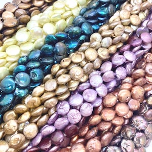 Fresh Water Coin Pearls in Brown Yellow Teal Gold Lavender Copper Dark Purple Peacock Approx. 12-13mm 16 in. Strands