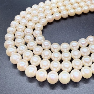 Puede incluir: Un collar de múltiples hilos compuesto por numerosas perlas redondas de color blanco roto con un acabado lustroso e iridiscente. Las perlas están dispuestas en una formación curva y superpuesta, mostrando sus superficies esféricas lisas.