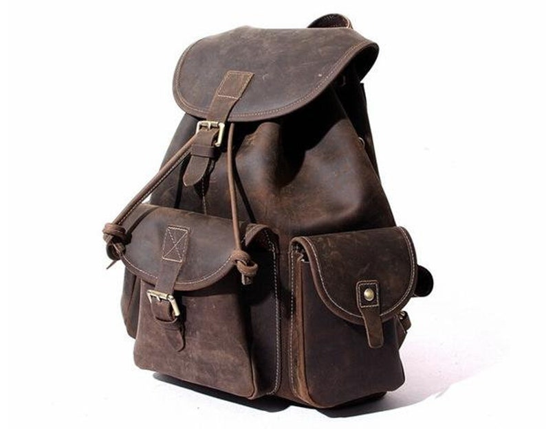 15 inch Dark Brown Genuine Grain Real Natural Leather for Women Men Backpack For College School bag Rucksack picnic bag Vintage Retro Style