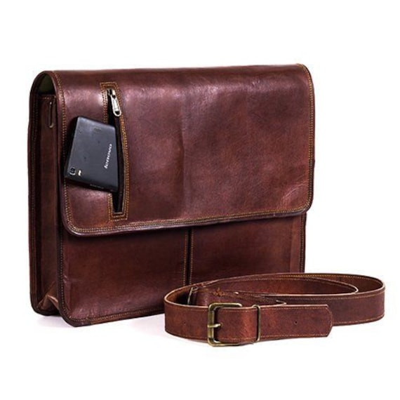 Men/'s Real Goat Leather Vintage 18/"Brown Messenger Shoulder Laptop Bag Briefcase