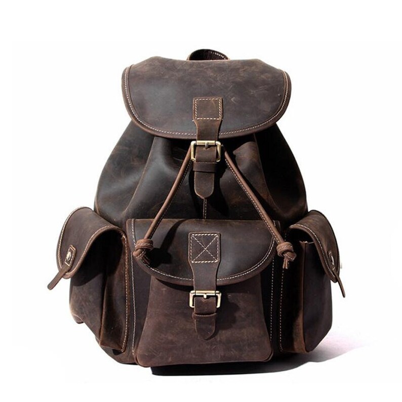 15 inch Dark Brown Genuine Grain Real Natural Leather for Women Men Backpack For College School bag Rucksack picnic bag Vintage Retro Style
