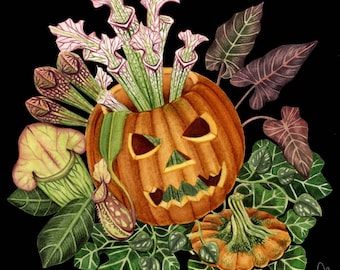 Jack-O-Lantern with Carnivorous Plants Square Art Print