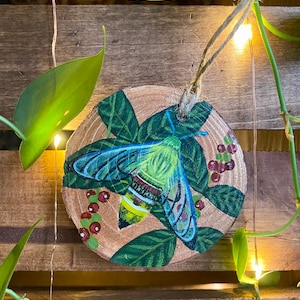 Coffee Clearwing Moth Hand Painted Wood Slice Ornament