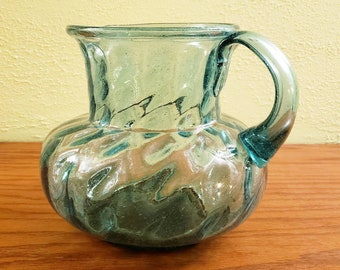 Vintage Art Glass Sangria / Margarita / Beverage Pitcher Teal Swirl Design Mexico