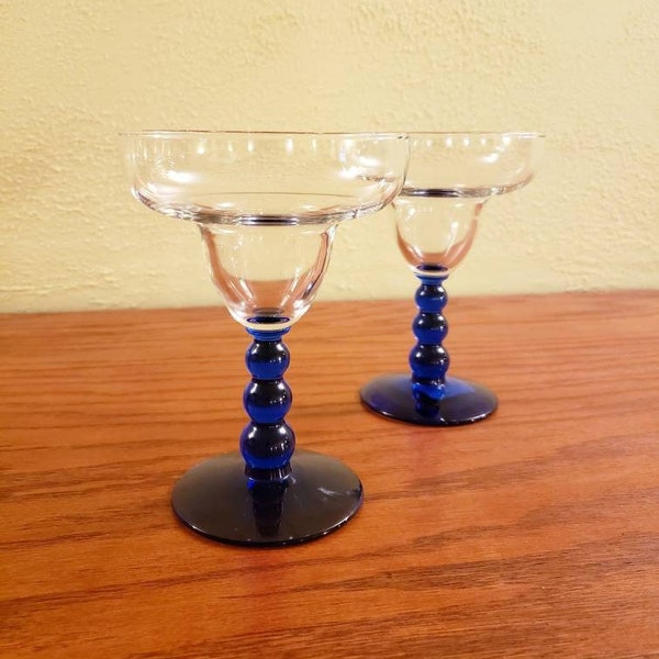 Vintage Cobalt Blue Ball Stem Margarita Glasses 1970s Set of Two