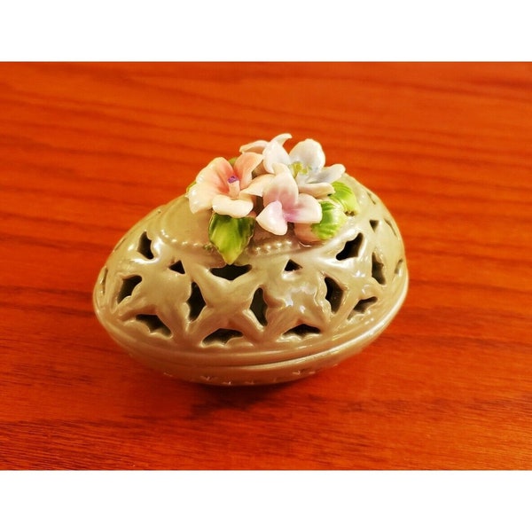 Vintage Lusterware Floral Easter Egg Shaped Porcelain Trinket Box with Lid