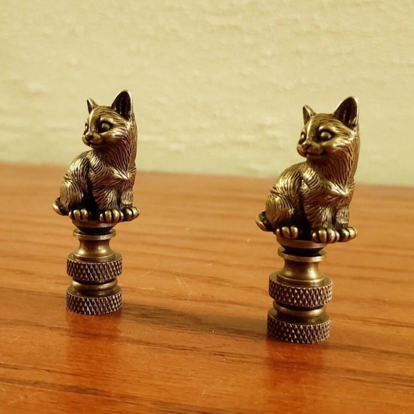 Sitting Cat Kitten Lamp Finial Shade Topper Ornate Retro Antique Brass  2" Set of 2 Cat Lover Gift New