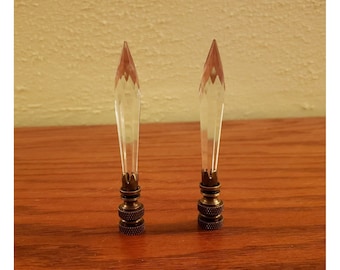 Crystal Lamp Finial Faceted Cone Shape Brass Base 3.5" Set of 2 Tall large