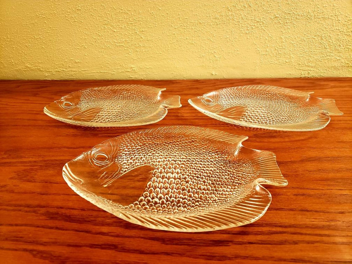Vintage Arcoroc France Glass Fish Shaped Dinner Plate Set of Etsy