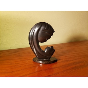 Sculpture Mother Mary & Baby Jesus Hand Carved Black Onyx Mid Century Modern 5&quot;