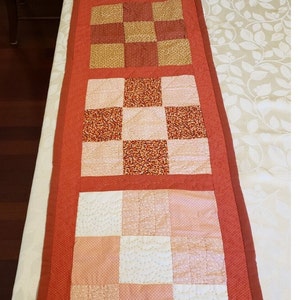 Vintage Hand Stitched Patchwork Quilted Table Runner 5' × 14" Farmhouse 1970s
