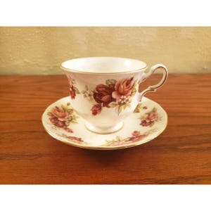 Tea Cup Roses with Saucer Red Pink England Queen Anne Vintage Fine Bone China