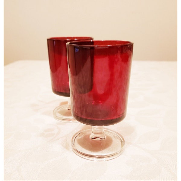 Red Luminarc France Cordial Aperitif Liqueur or Juice Pedestal Glasses 4” Mid Century Modern 4 oz