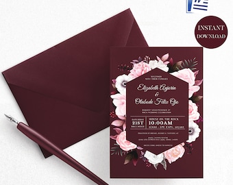 MARSALA Wedding | Pink & Burgundy Floral Wedding Invitation Template INSTANT DOWNLOAD Wedding Invitation