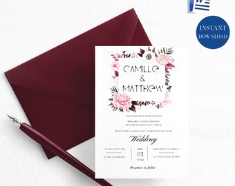 EDITABLE Burgundy & Pink Wedding Invitation, Printable Wedding Invitation | Wedding Invites | Wedding Invitation Template | INSTANT DOWNLOAD