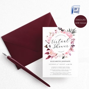 Modello di invito per doccia nuziale virtuale / Modello di invito per doccia nuziale floreale bordeaux e rosa / Inviti stampabili per doccia nuziale
