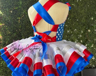 4th July Patriotic Independence Day American Flag USA Tutu Dress Pageant Ball Gown Birthday Party Costume