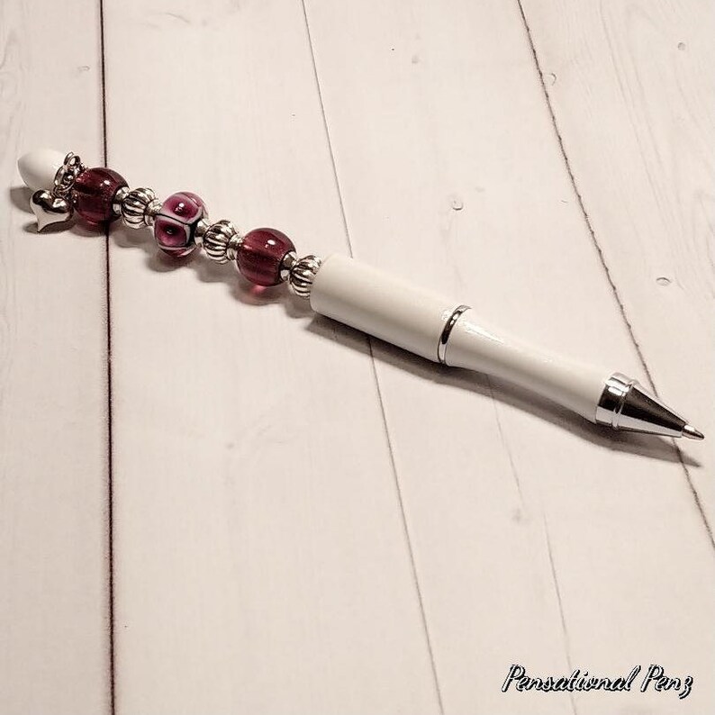 A Stunner! Hand Beaded Sassy PURPLE WHITE Metal Pen wLampwork Bead /& Heart Charm Gift 4 HerBFFPrincessJournalingBirthdaySummer 2020