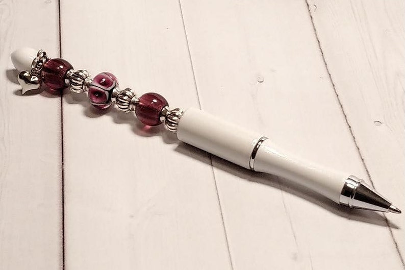 A Stunner! Hand Beaded Sassy PURPLE WHITE Metal Pen wLampwork Bead /& Heart Charm Gift 4 HerBFFPrincessJournalingBirthdaySummer 2020
